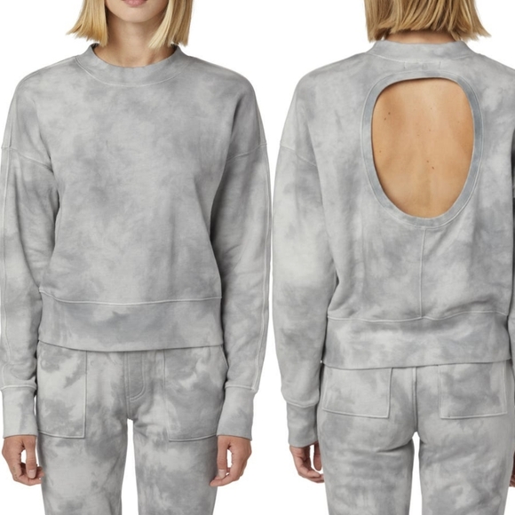 Hudson Sweatshirt Cutout Back Crew Long Sleeve 100% Cotton Grey Ice Dye M NWT - Picture 1 of 12